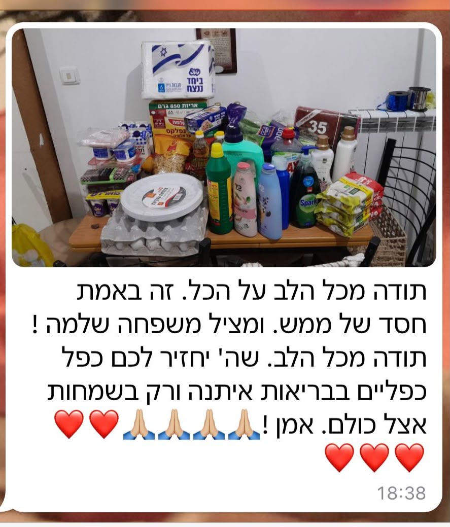 צילום מסך של קניות שהתקבלו והודעת תודה בעברית על הסיוע למשפחה שלמה.